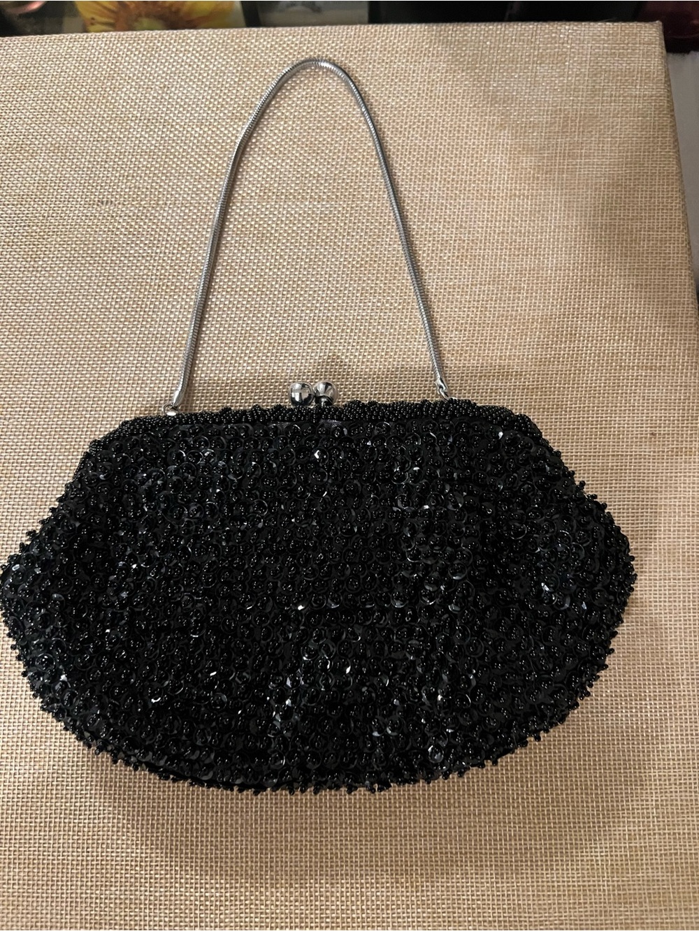 Black Beaded Evening Clutch with Silver Handle- Vintage